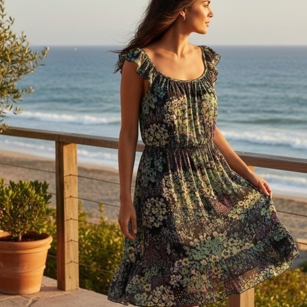 Old Navy Women's  Black Floral Flutter Sleeve Scoop Neck ‎ Midi Dress Size M